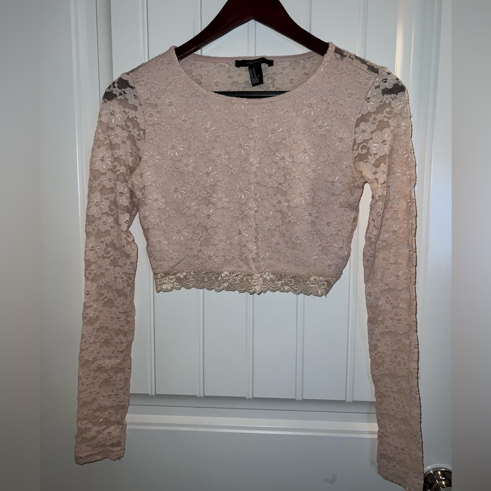 Pink blush lace long sleeve crop top